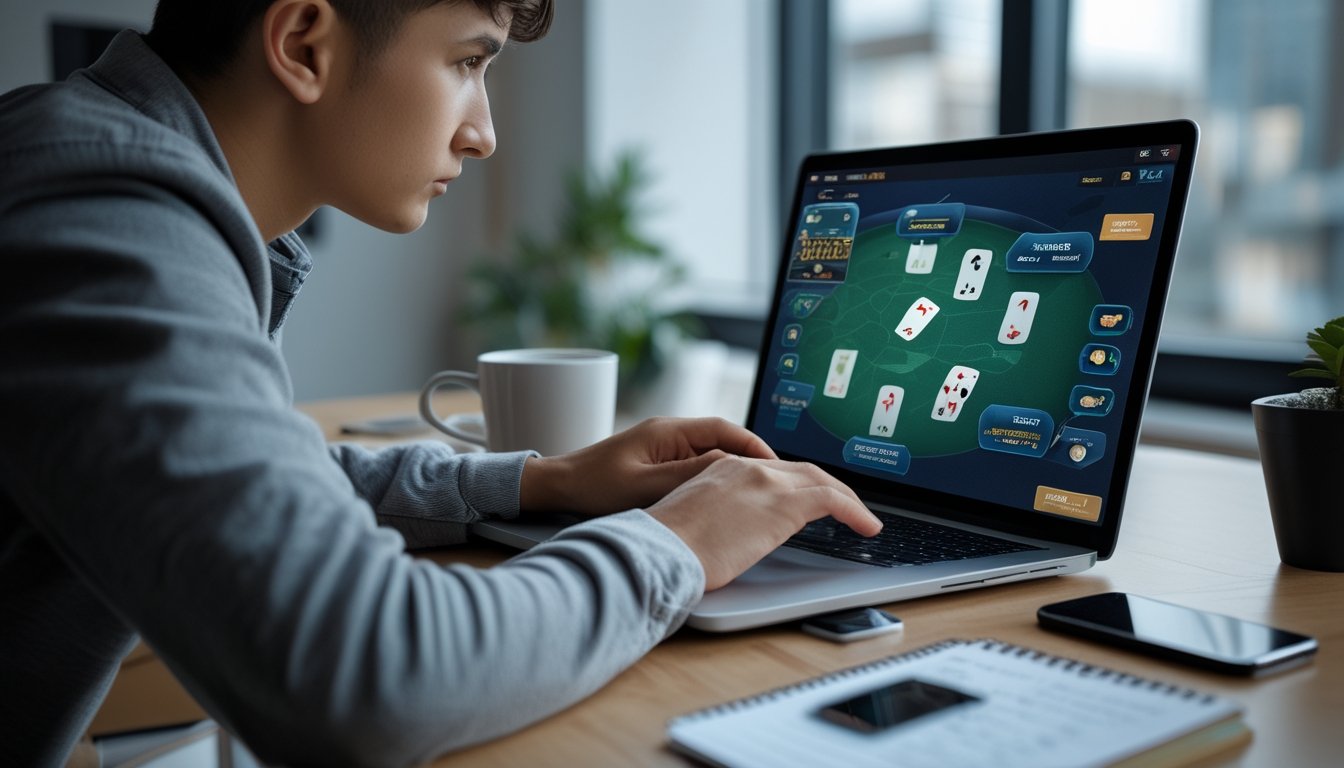 Seseorang yang sedang bermain kartu Capsa online di depan laptop dengan tumpukan chip dan ponsel di meja, tampak fokus dan serius.