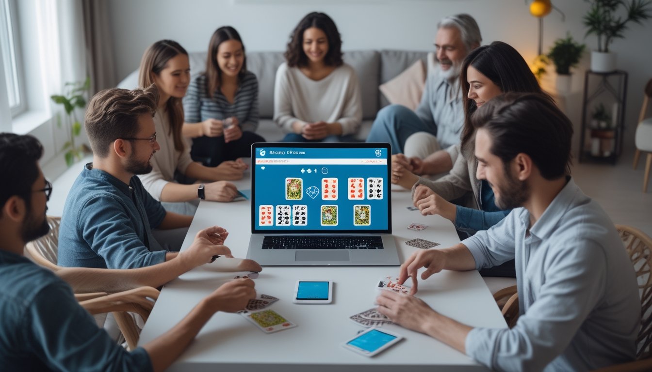 Sekelompok orang bermain permainan kartu Capsa secara online di rumah dengan perangkat digital, terlihat nyaman dan aman.