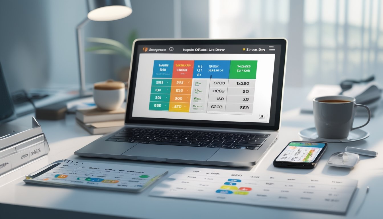 Sebuah meja kerja modern dengan laptop yang menampilkan hasil live draw togel Singapura, dikelilingi oleh smartphone, cangkir kopi, dan catatan angka.