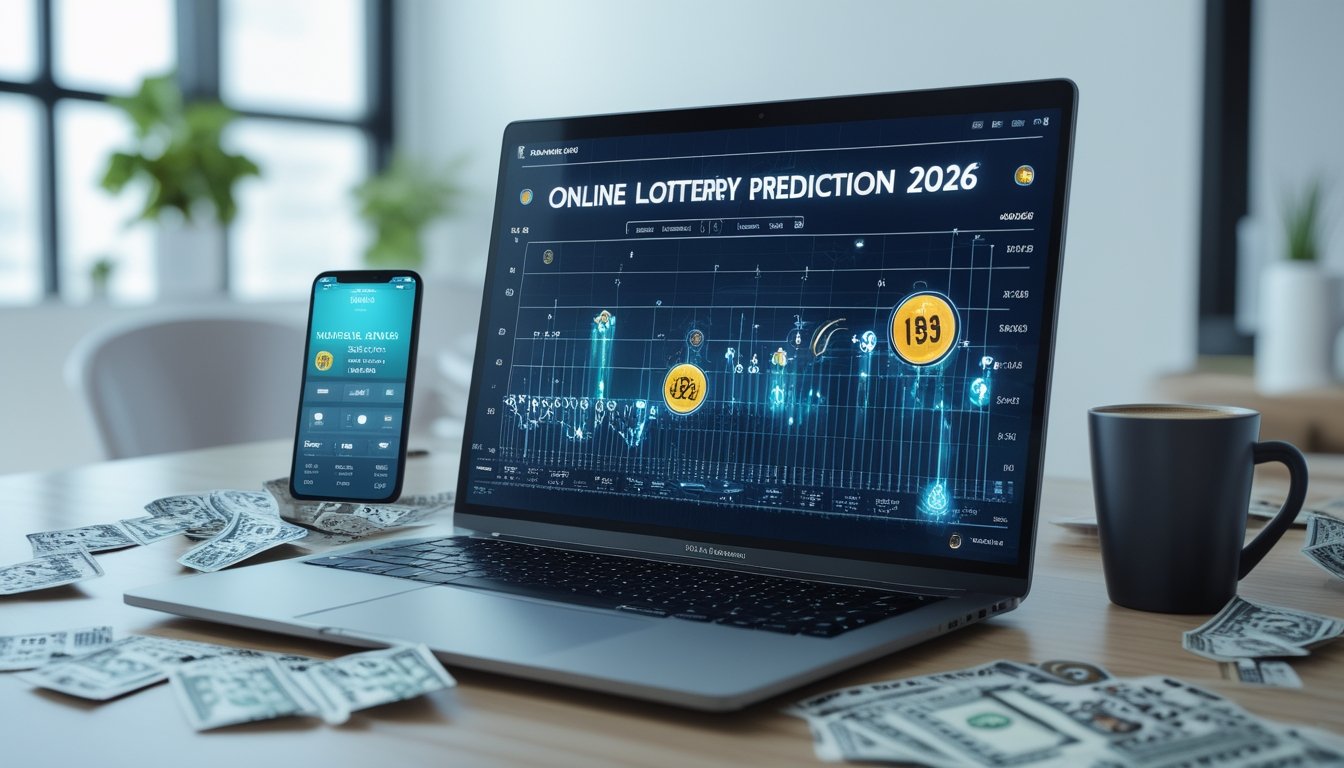 Seorang profesional sedang bekerja dengan laptop yang menampilkan data prediksi angka togel online, disertai tiket togel dan ponsel di meja kerja yang rapi.