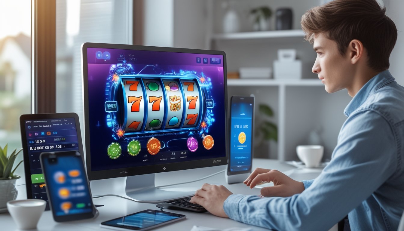 Seorang dewasa muda menggunakan laptop dengan permainan slot online di layar, di meja terdapat smartphone dan grafik keuangan, di ruang kerja yang rapi dan terang.