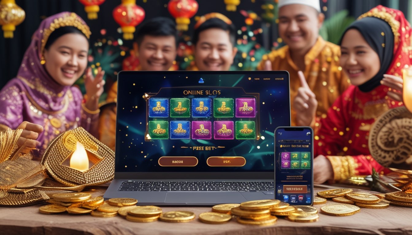 Orang-orang merayakan Hari Raya dengan perangkat digital menampilkan permainan slot online, dikelilingi dekorasi tradisional dan suasana meriah.