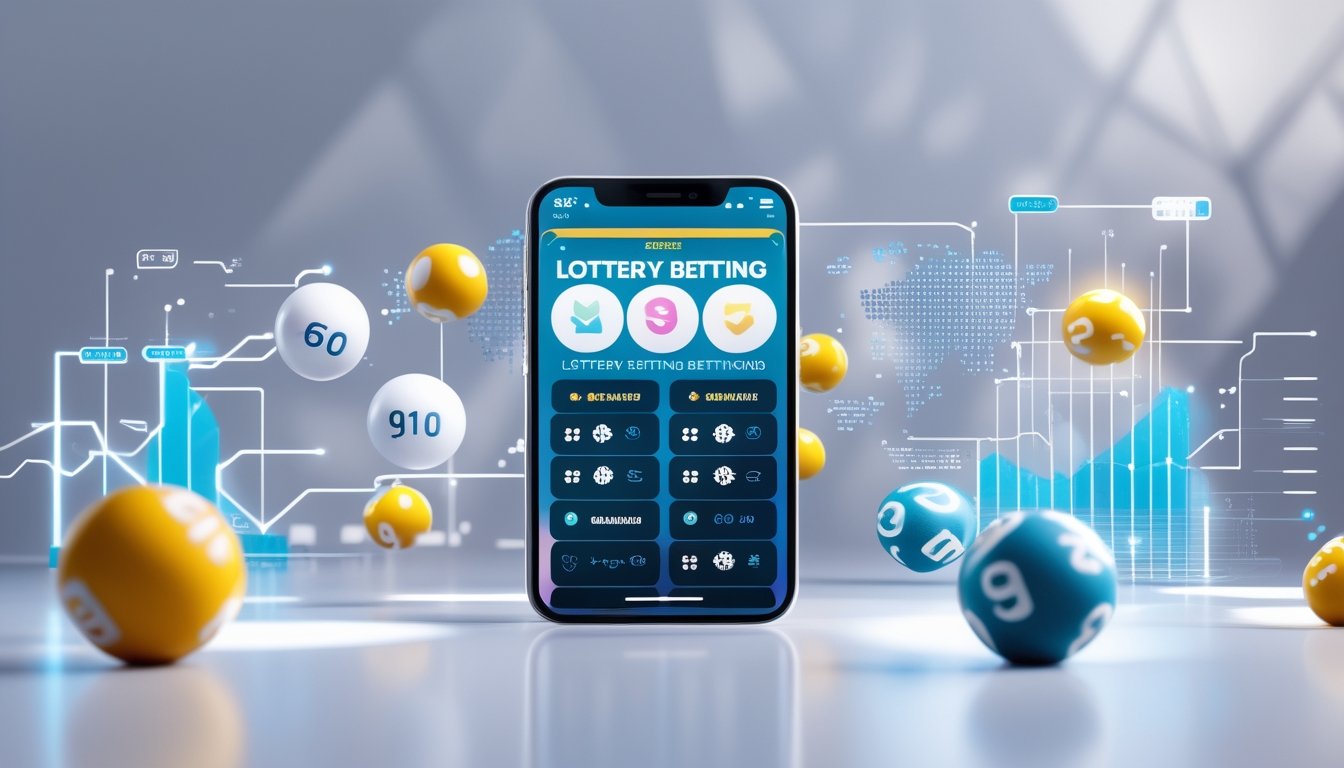 Sebuah ponsel modern menampilkan aplikasi taruhan togel online dengan elemen grafis digital di sekitarnya.