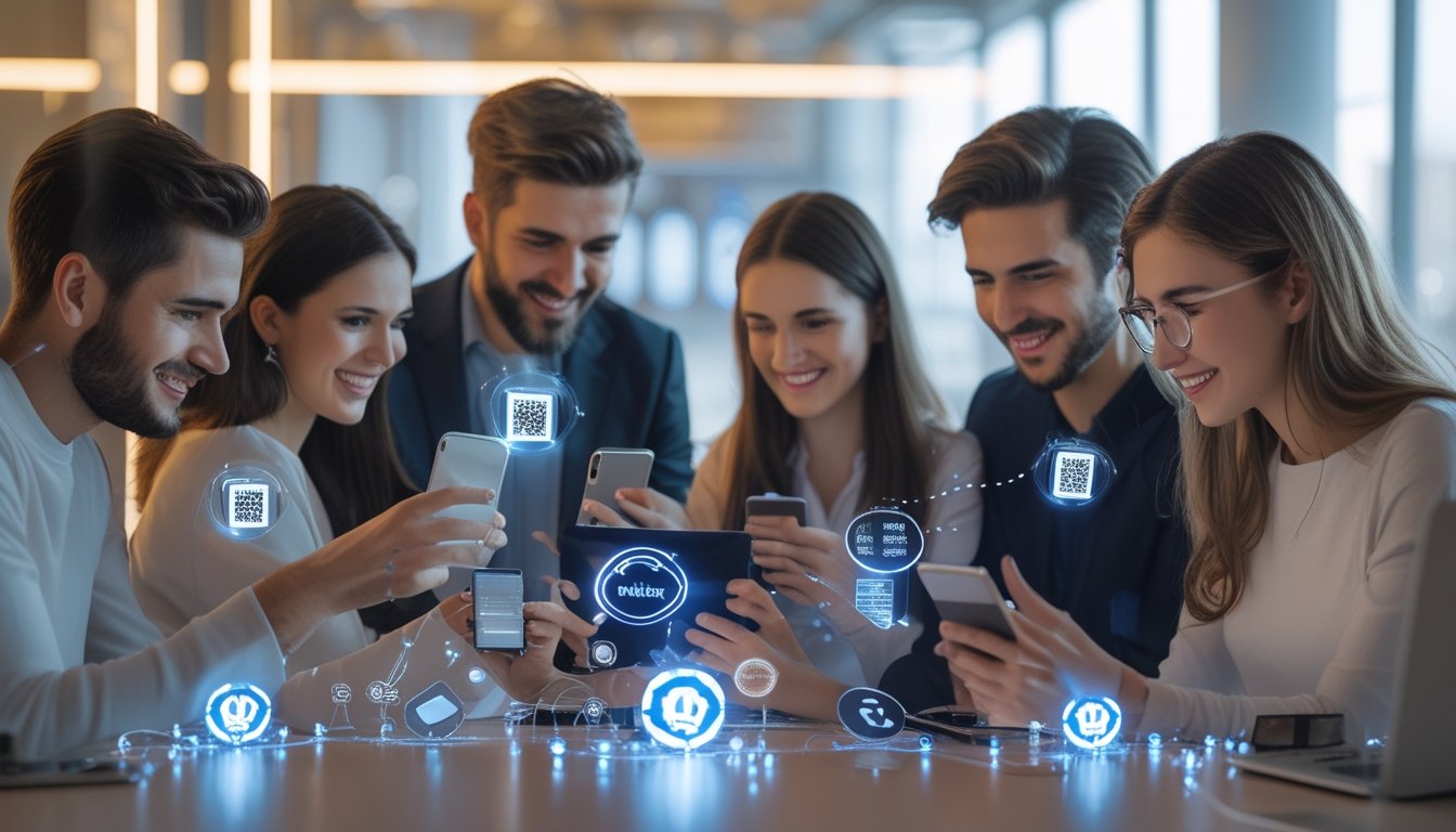 Sekelompok orang muda menggunakan ponsel dan laptop di ruangan terang dengan ikon permainan slot online dan metode pembayaran digital di sekitar mereka.