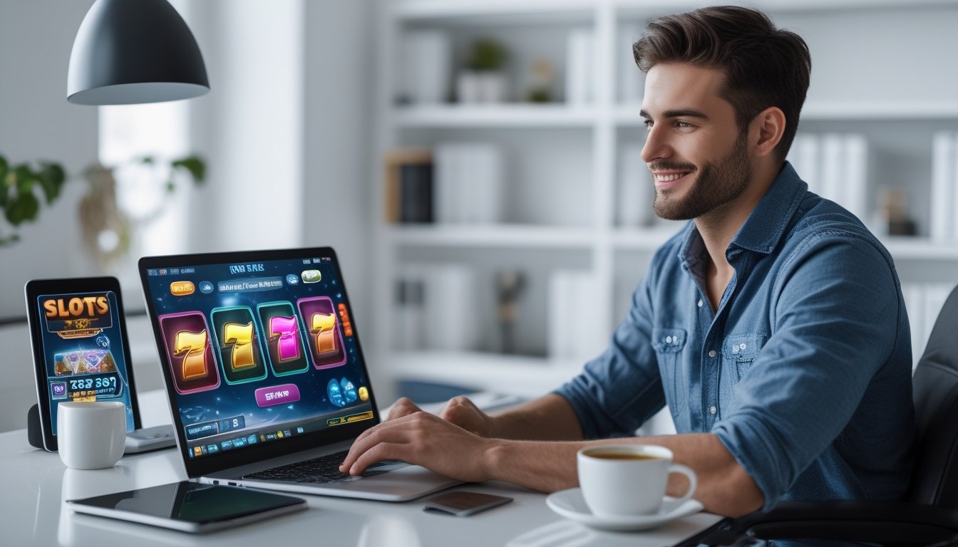 Seorang pria muda duduk di meja kerja modern dengan laptop yang menampilkan permainan slot online, terlihat fokus dan santai di ruang kerja rumah yang rapi.