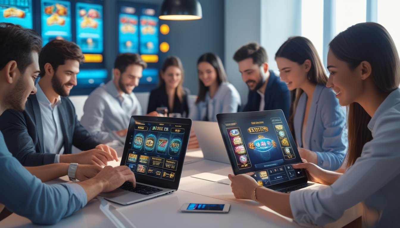 Orang-orang menggunakan perangkat digital untuk bermain permainan slot online di ruangan modern dengan pencahayaan alami.