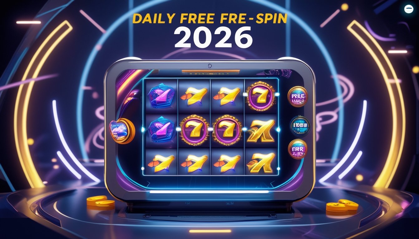 antarmuka permainan slot online modern dengan gulungan berwarna-warni yang berputar dan efek cahaya neon di latar belakang gelap.