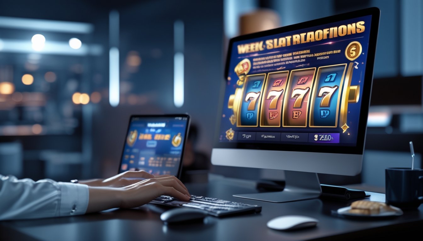 Sebuah meja kerja modern dengan komputer menampilkan grafik mesin slot berwarna-warni dan tangan orang yang sedang menggunakan keyboard dan mouse.