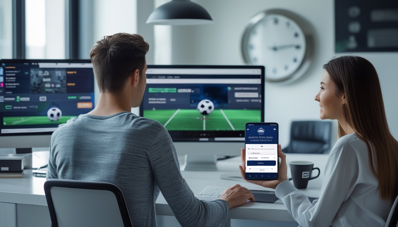 Dua orang muda duduk di depan komputer dengan tampilan pertandingan sepak bola dan layar login aman di kantor modern.