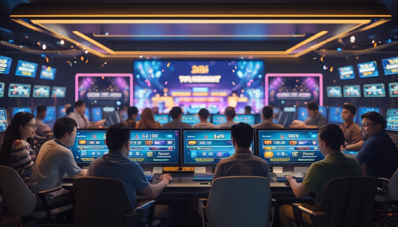 Sekelompok orang dewasa dari berbagai latar belakang sedang bermain slot online di sebuah ruang permainan modern dengan layar digital yang menampilkan grafik permainan dan papan skor turnamen.