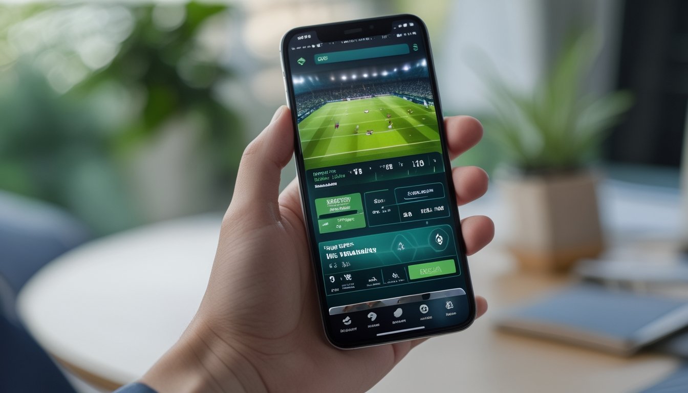 Seseorang memegang ponsel dengan aplikasi taruhan bola yang menampilkan pertandingan sepak bola di layar.