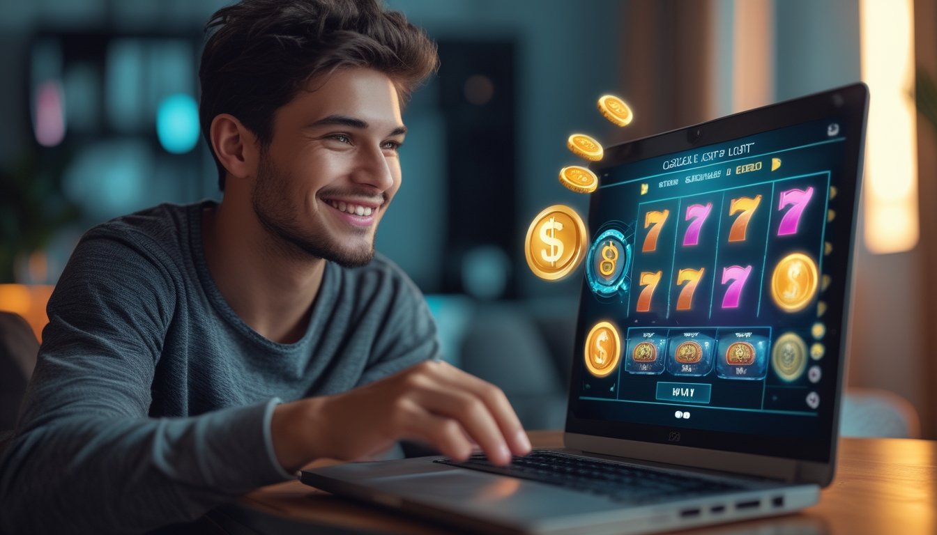 Seorang pemain muda menggunakan laptop di rumah sambil bermain slot online dengan ekspresi senang.