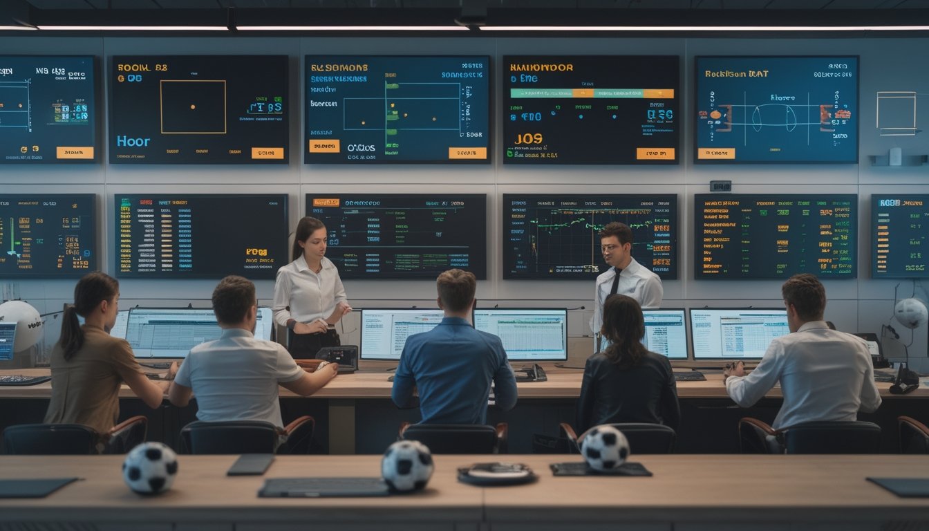 Orang-orang profesional sedang menganalisis data taruhan sepak bola di ruangan modern dengan layar digital besar menampilkan informasi taruhan.