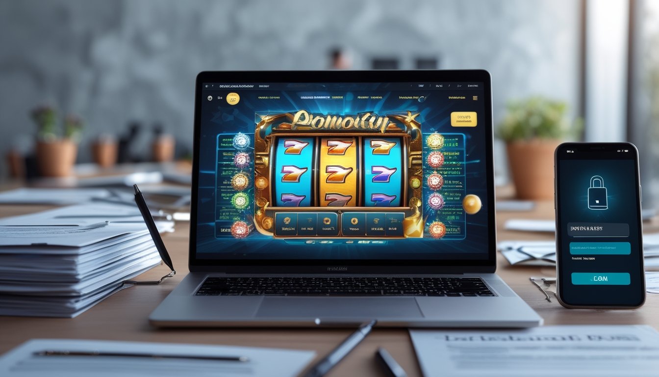 Meja kerja modern dengan laptop yang menampilkan permainan slot online, dokumen tertata rapi, dan ponsel dengan layar login aman.