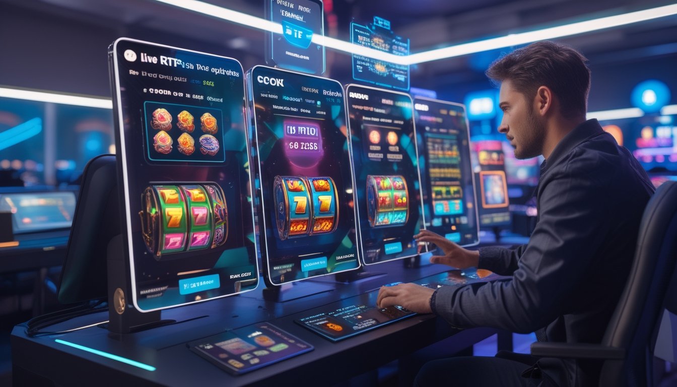 Seseorang menggunakan komputer dengan beberapa layar menampilkan permainan slot online dan statistik yang diperbarui secara real-time di ruangan gaming modern.