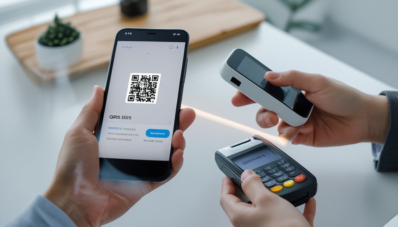 Tangan seseorang memegang ponsel dengan kode QR di layar, siap menyiapkan pembayaran digital menggunakan e-wallet, dengan latar belakang bersih dan terang.