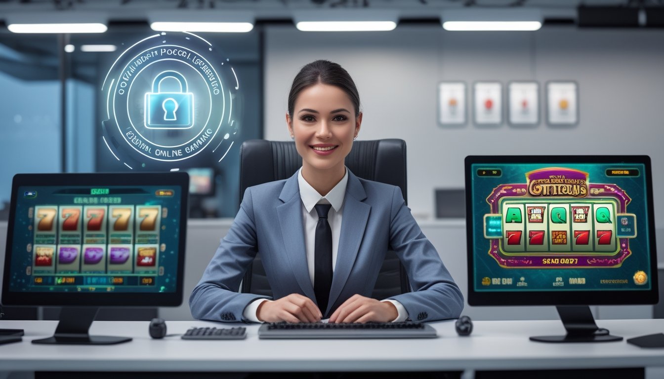 Seorang profesional duduk di meja dengan perangkat digital menampilkan permainan slot online dan sertifikat resmi di latar belakang, menunjukkan suasana kantor yang modern dan aman.