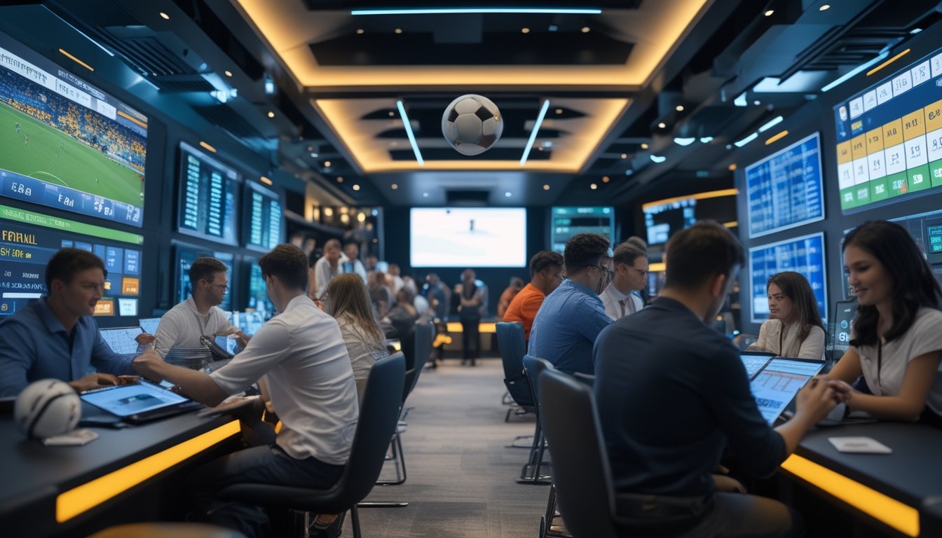 Beberapa orang sedang menggunakan perangkat digital untuk memasang taruhan sepak bola langsung dengan layar besar yang menampilkan skor dan pertandingan statistik.