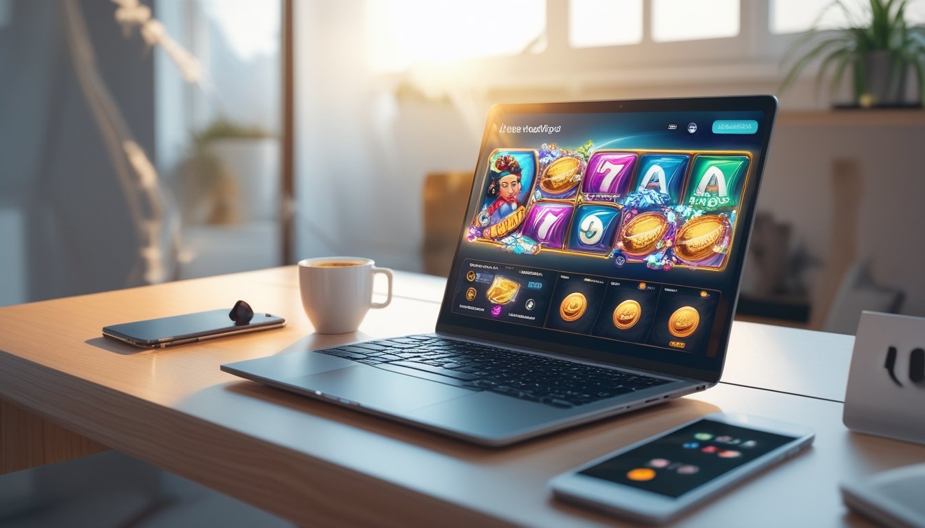Sebuah laptop di meja kerja dengan tampilan permainan slot online di layar, dikelilingi oleh smartphone, earbud nirkabel, dan cangkir kopi di ruangan yang terang dan rapi.