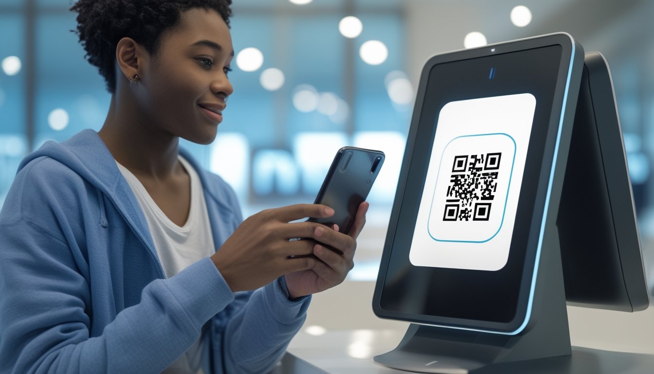 Seorang dewasa muda menggunakan ponsel untuk mengkodekan kode QR pada layar digital di sebuah kios modern.
