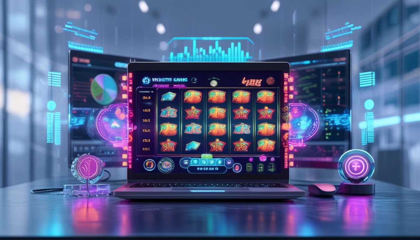 Seorang profesional sedang bekerja dengan komputer yang menampilkan permainan slot online dengan grafik warna-warni dan elemen data di sekitarnya.