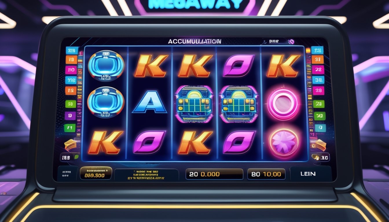 Layar mesin slot online dengan gulungan warna-warni dan simbol pengali, di latar belakang suasana permainan kasino modern.