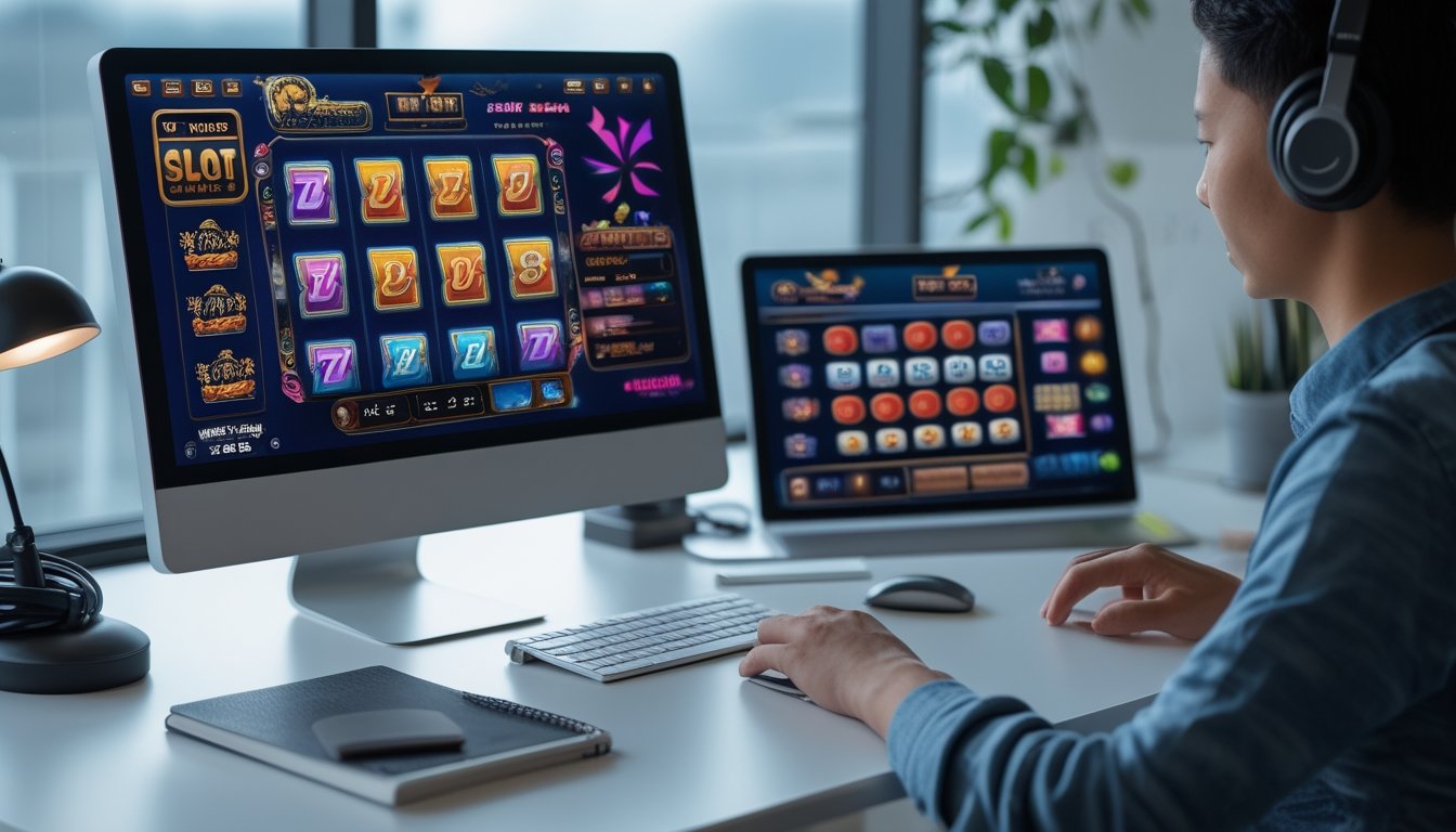 Seorang pemain muda sedang bermain game slot dan Mahjong Ways 2 di komputer dan ponsel dengan suasana ruangan yang terang dan rapi.