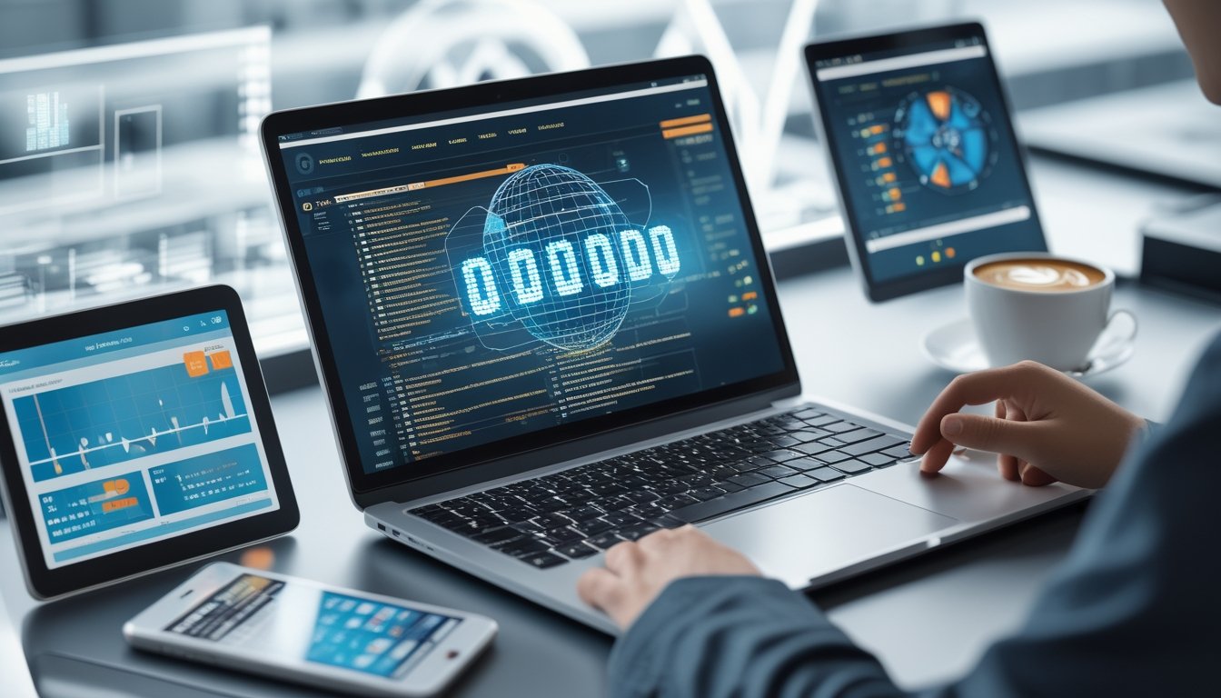 Sebuah ruang kerja modern dengan laptop yang menampilkan kode algoritma dan prediksi angka, dikelilingi perangkat digital dan grafik.