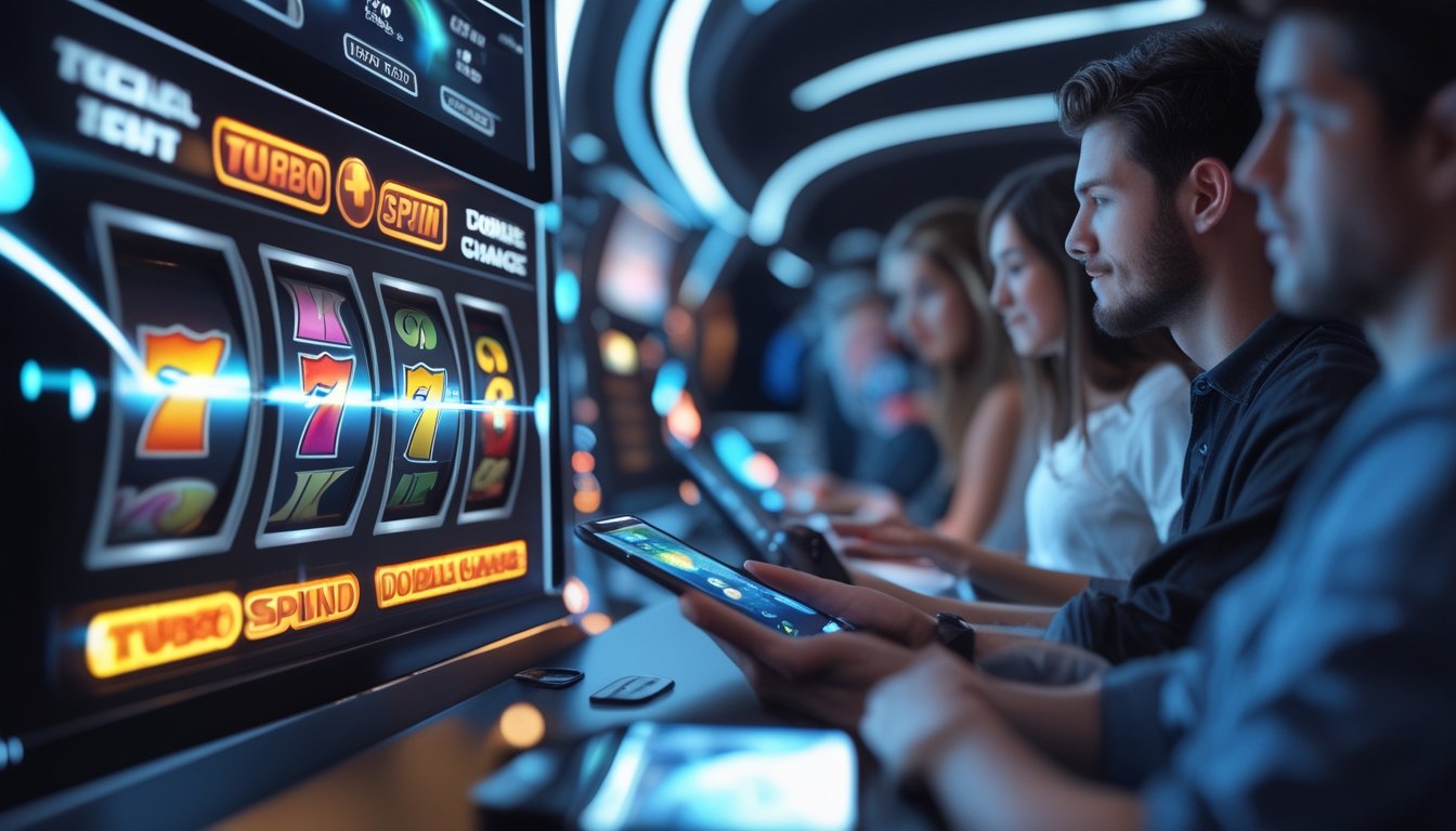 Beberapa orang bermain game slot online dengan antarmuka digital modern di layar besar, menampilkan simbol mesin slot yang berputar cepat dalam suasana kasino futuristik.