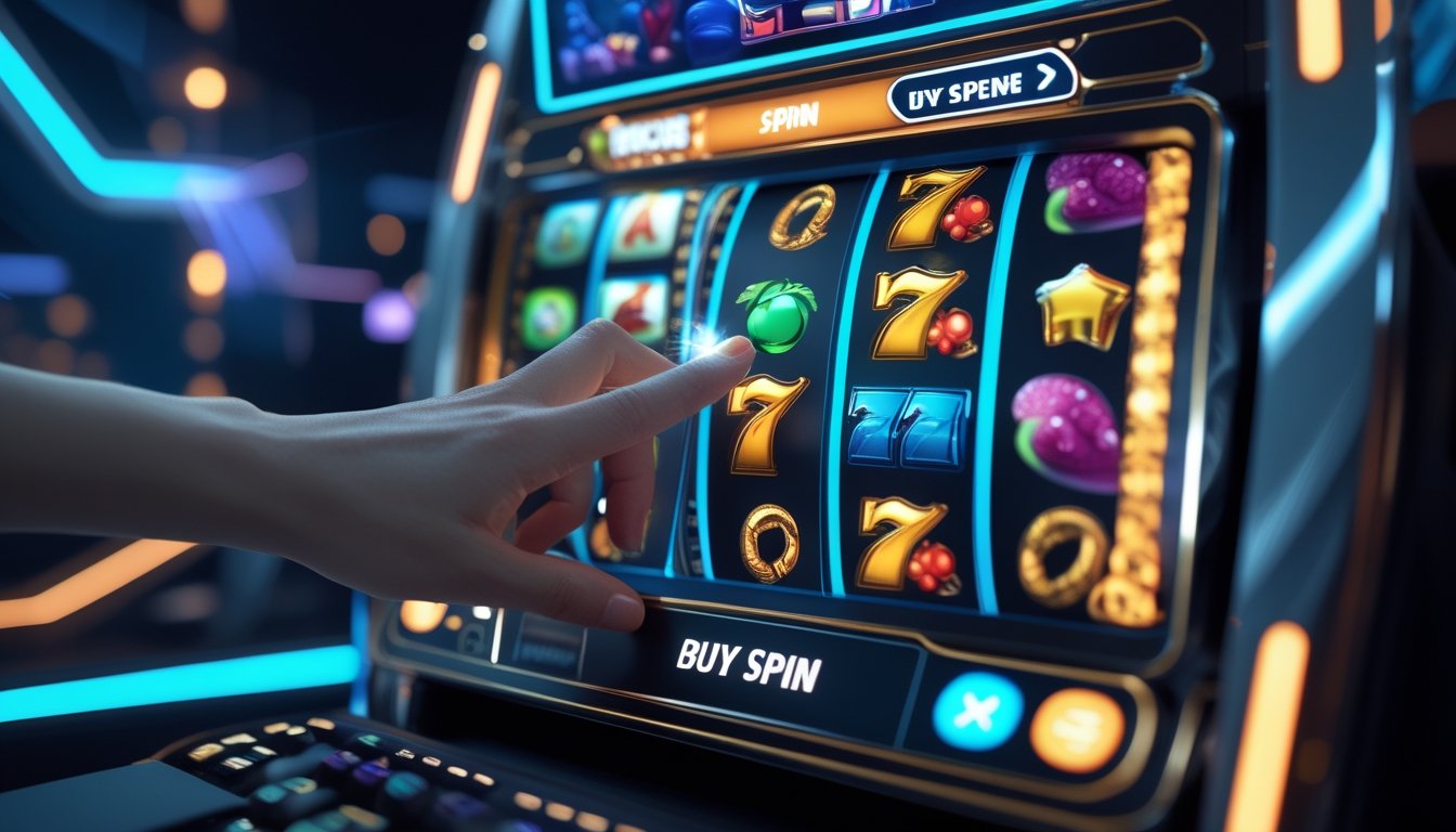 Layar mesin slot digital dengan gulungan berwarna-warni dan tangan yang akan menekan tombol beli putaran dalam permainan slot online.