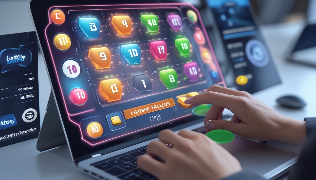 Tangan seseorang menggunakan perangkat digital yang menampilkan angka lotere dan simbol pembayaran instan dalam suasana kerja yang bersih dan terang.