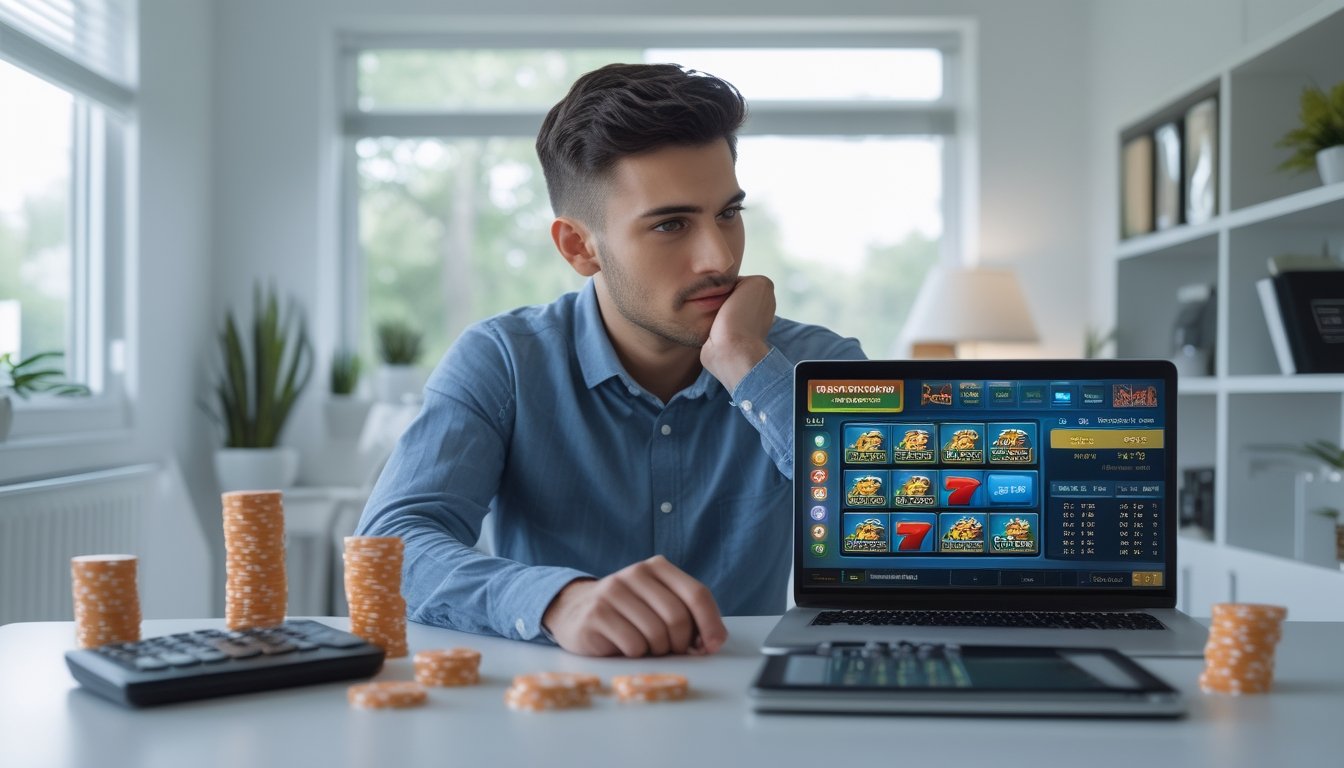 Seorang pria muda duduk di meja dengan laptop yang menampilkan permainan slot online, ditemani oleh chip dan alat perencanaan keuangan, menunjukkan fokus dan ketenangan.