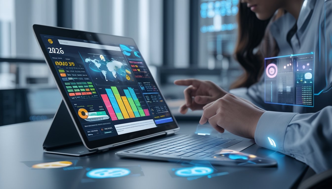 Meja kerja modern dengan perangkat digital menampilkan grafik dan data angka, tangan seseorang sedang menganalisis informasi statistik di tablet.