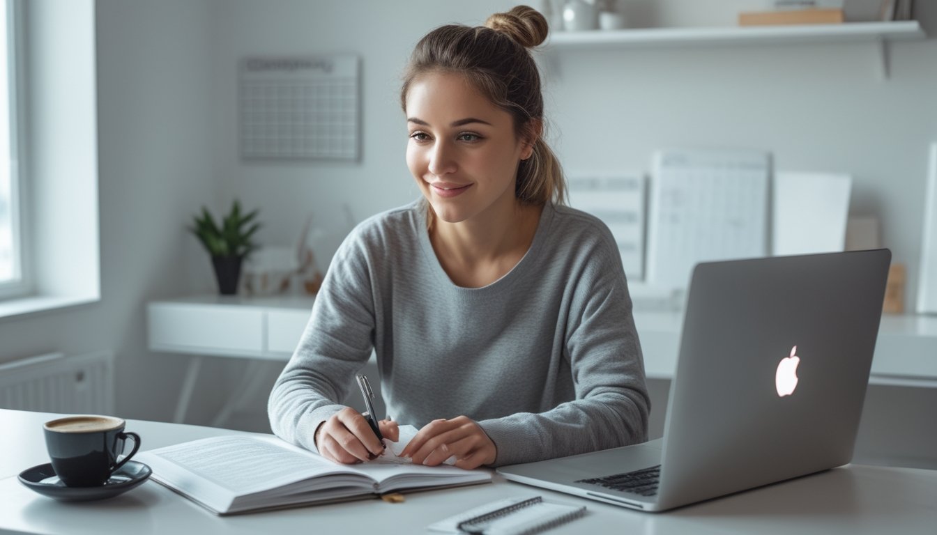Seorang wanita muda duduk di meja kerja dengan laptop dan buku catatan, terlihat fokus dan tersenyum di ruangan kantor rumah yang terang.