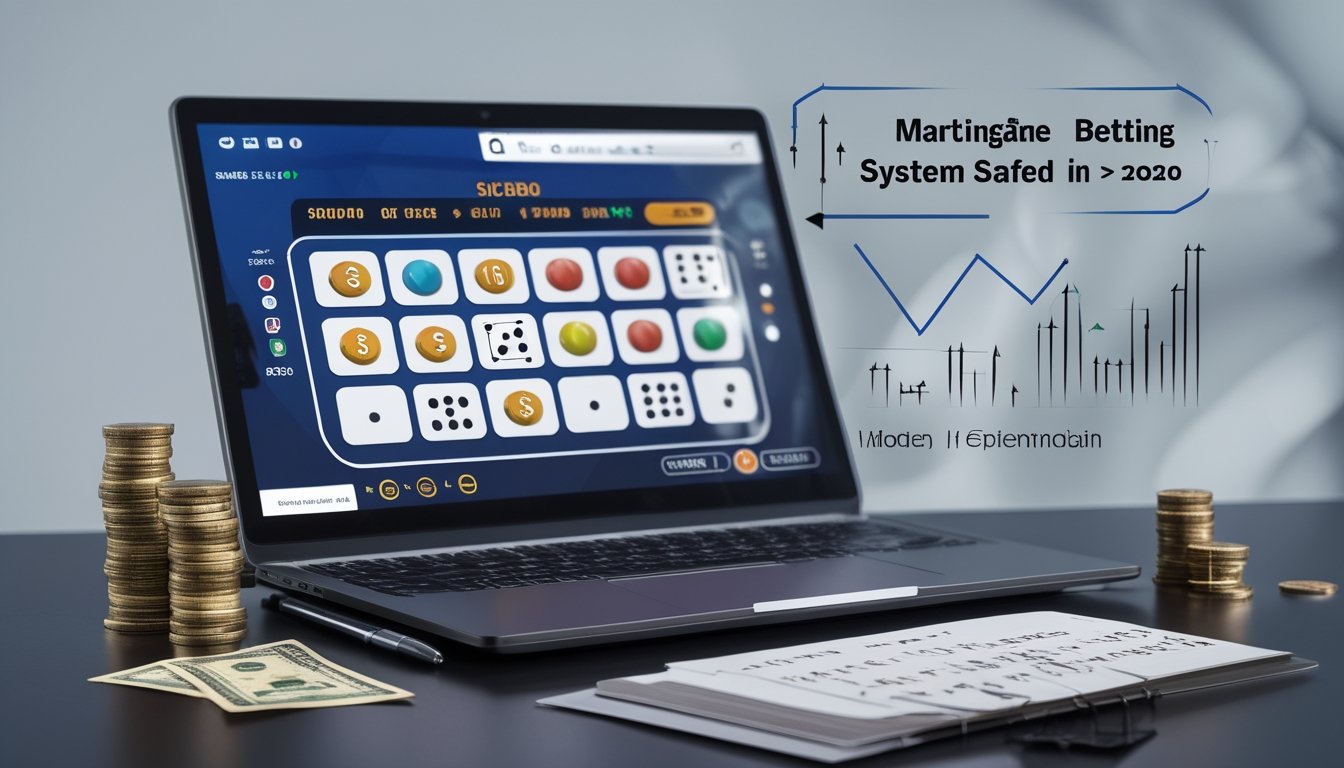Seorang pemain menggunakan laptop dengan tampilan permainan Sicbo online, di samping terdapat catatan strategi taruhan dan beberapa koin serta uang kertas di meja.