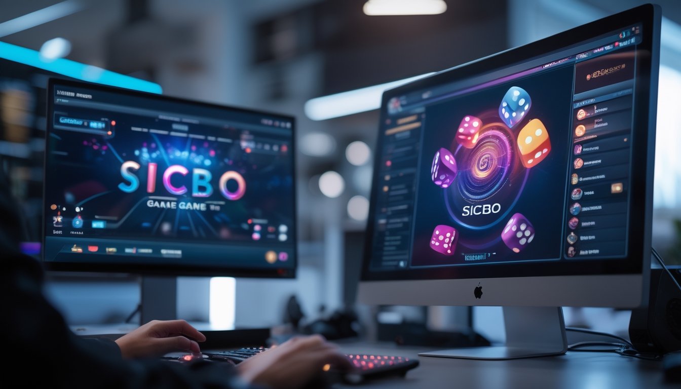 Sebuah ruang gaming modern dengan monitor menampilkan permainan dadu Sicbo dalam siaran langsung tanpa gangguan.