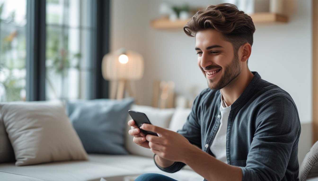 Seorang dewasa muda menggunakan ponsel Android untuk bermain game Sicbo online di lingkungan dalam ruangan yang terang dan nyaman.
