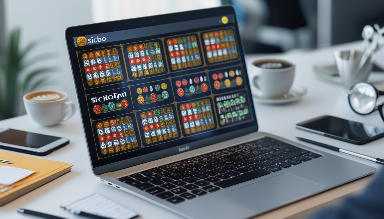 Seseorang menggunakan komputer dengan beberapa meja permainan Sicbo online yang aktif di layar.