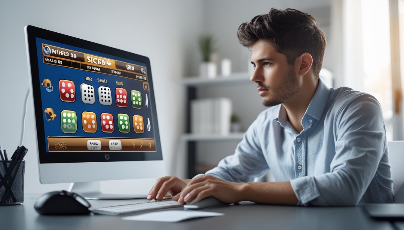 Seorang pria muda sedang bermain permainan Sicbo online di komputer di ruang kerja dengan pencahayaan alami dan suasana tenang.