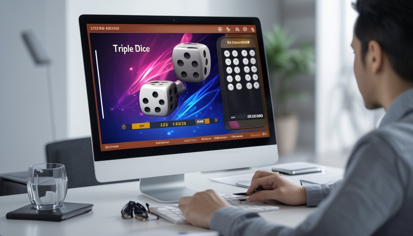 Seorang pria atau wanita sedang melihat layar komputer dengan permainan dadu online Sicbo, dengan tiga dadu terlihat jelas di layar dalam ruangan kerja yang rapi.