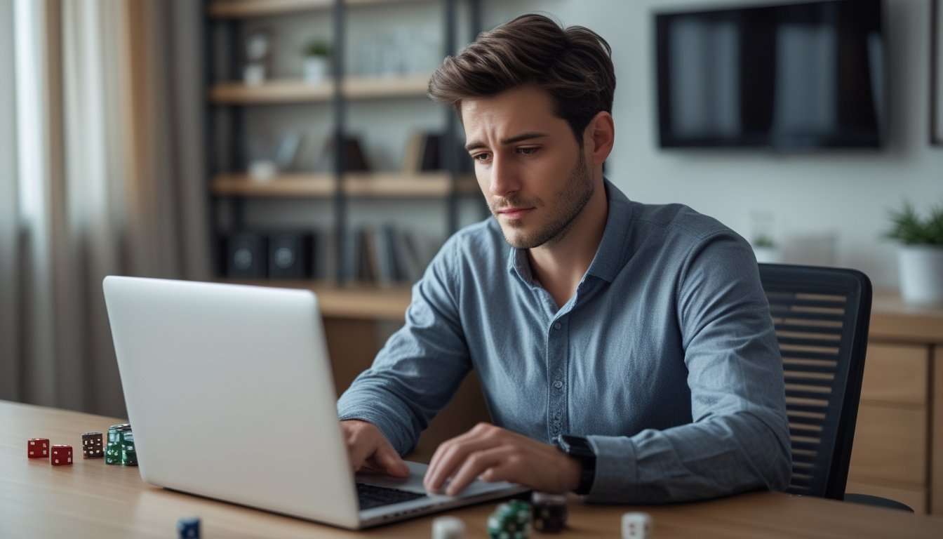 Seorang pria muda duduk di meja dengan laptop, terlihat fokus dan tenang saat bermain permainan Sicbo online di ruang kerja rumah.