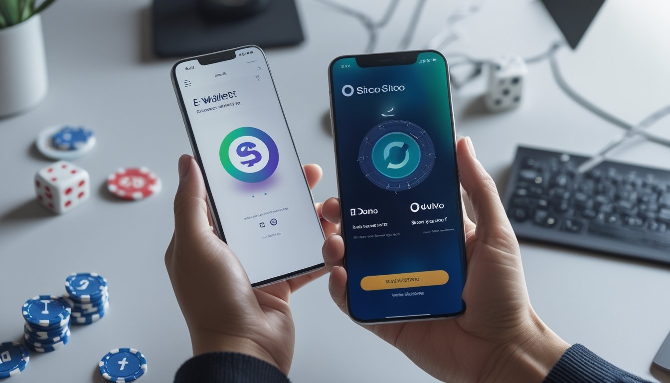 Tangan seseorang memegang smartphone yang menampilkan aplikasi e-wallet Dana dan OVO dengan latar belakang meja bersih dan elemen permainan dadu dan chip kasino.