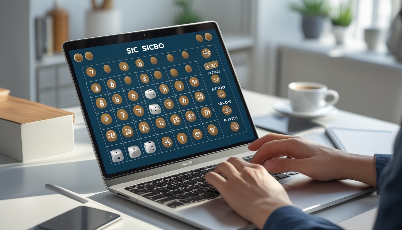 Seseorang menggunakan laptop untuk bermain permainan Sicbo online yang menampilkan hasil dadu genap di layar.