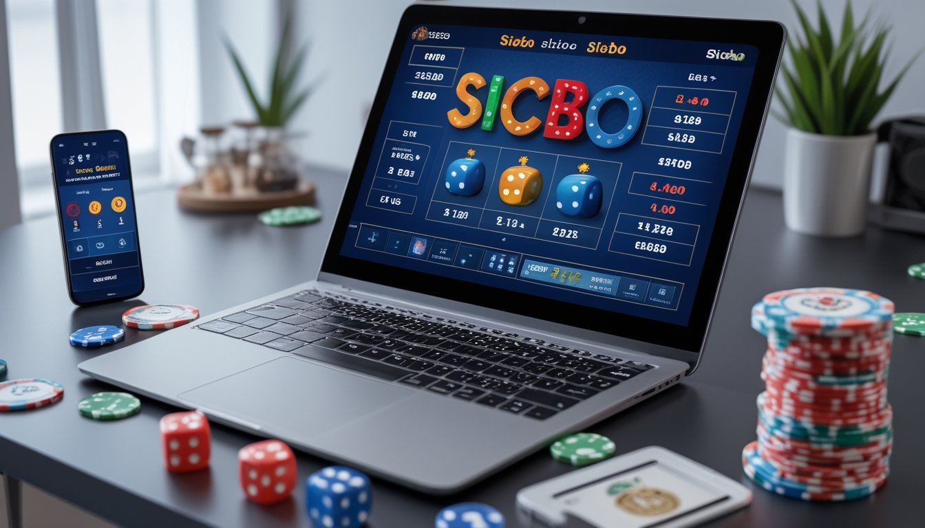 Seorang pengguna duduk di depan laptop dengan tampilan permainan Sicbo online, dikelilingi oleh chip dan dadu di meja kerja yang rapi.