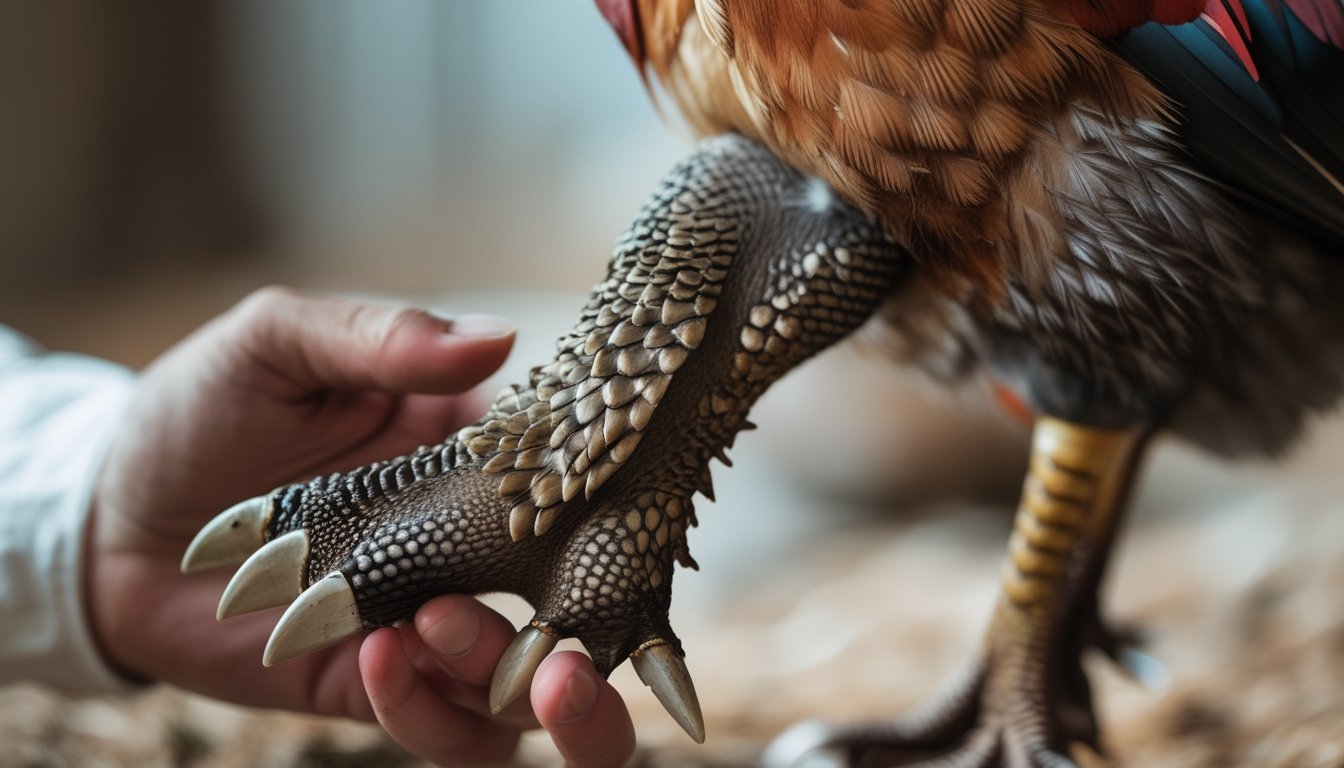 Tangan seseorang sedang memegang dan memeriksa kaki ayam jago dengan fokus pada taji dan sisik kaki.