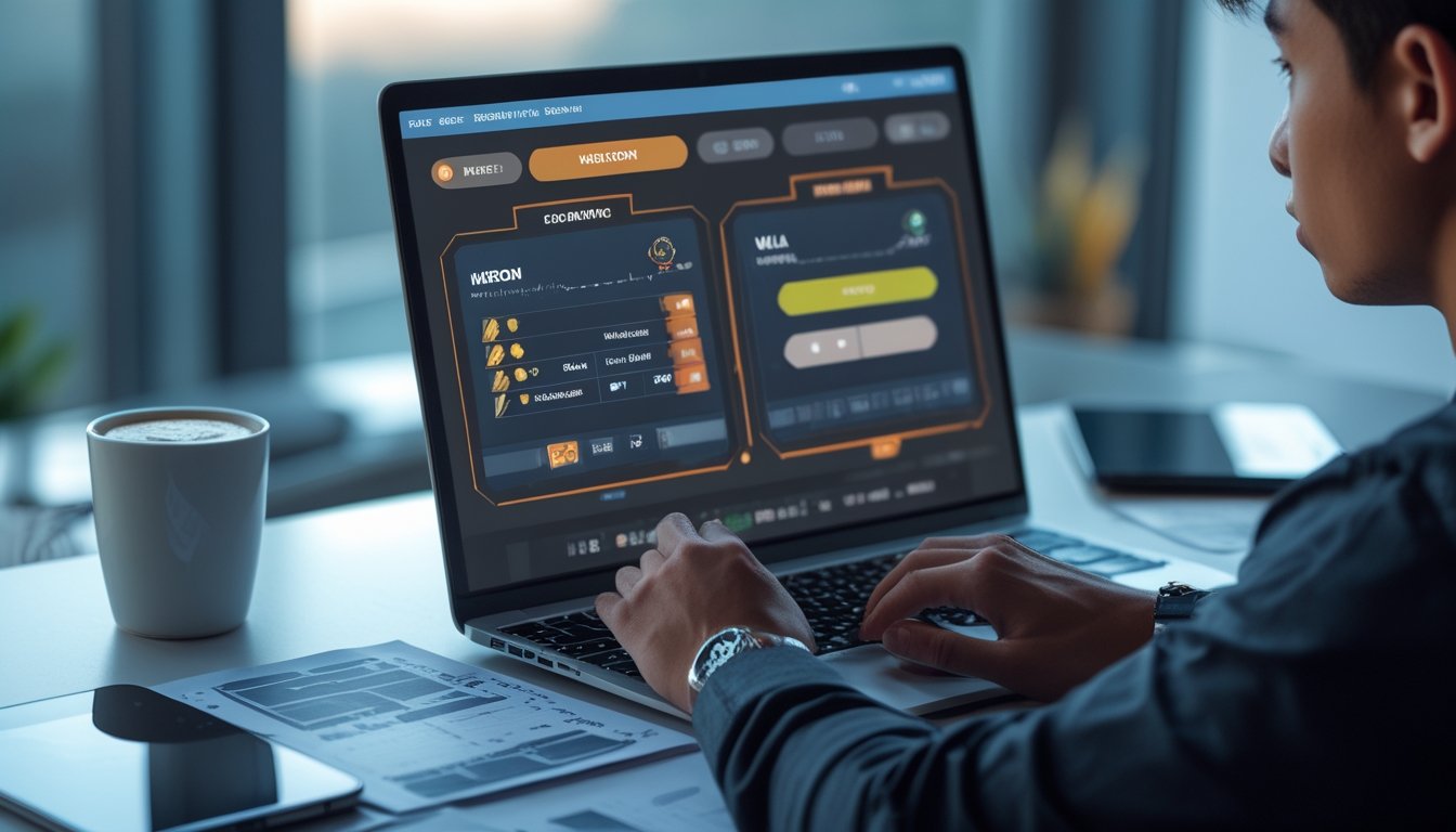 Seorang pria muda sedang menggunakan laptop di meja kerja dengan catatan dan grafik strategi taruhan sabung ayam online.