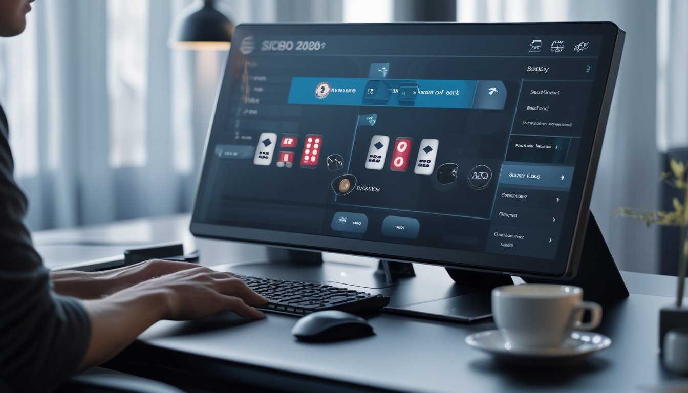 Meja gaming modern dengan layar komputer menampilkan permainan Sicbo digital, dilengkapi dengan keyboard, mouse, dan alat tulis di sekitar meja.