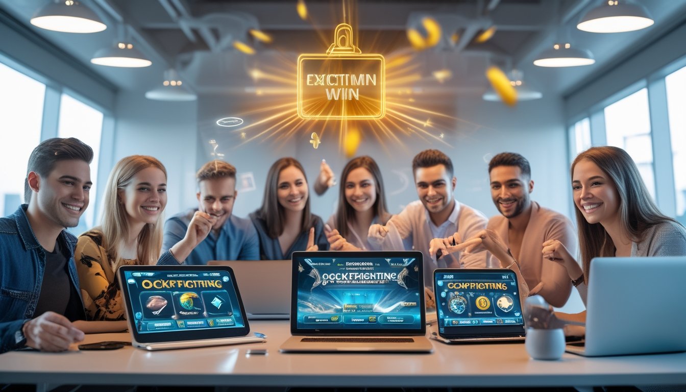 Sekelompok orang muda menggunakan perangkat digital di ruang modern, terlihat antusias dan fokus pada aktivitas taruhan online dengan simbol keberhasilan dan keamanan di latar belakang.