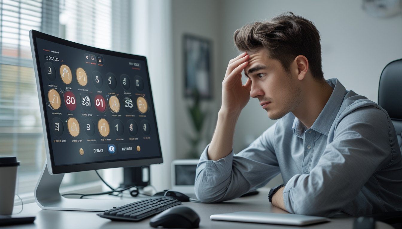 Seorang pria muda duduk di meja kerja dengan komputer yang menampilkan permainan Sicbo online, terlihat sedikit frustrasi akibat masalah koneksi internet.