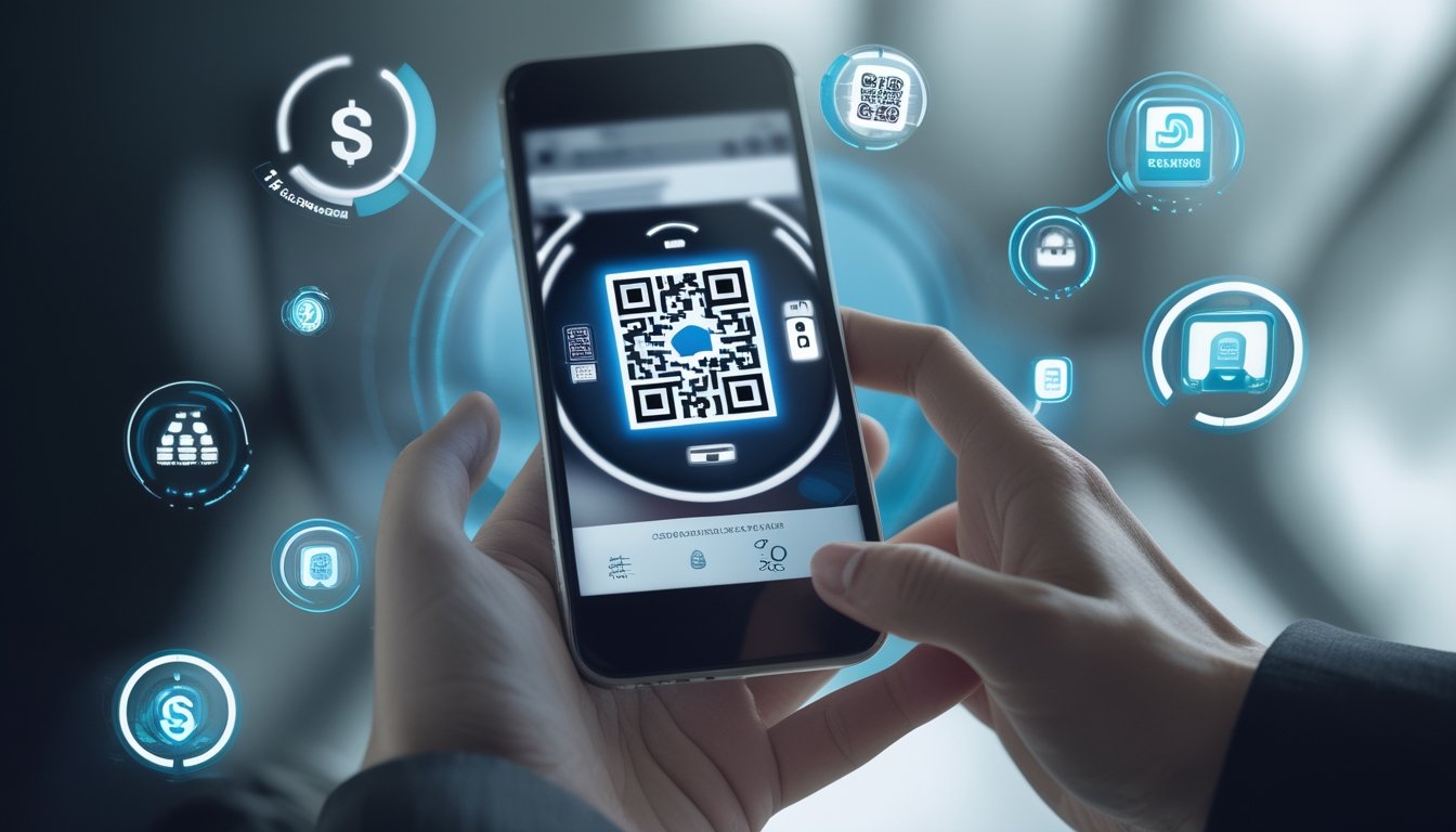 Tangan memegang smartphone dengan kode QR di layar, dikelilingi ikon e-wallet, menggambarkan pembayaran cepat untuk taruhan sabung ayam online.